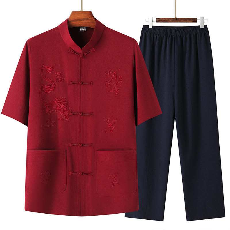 Buddha Stones Tang Suit Hanfu Chiński Smok Tradycyjny Kung Fu Jednolity Krótki Rękaw Topy i Spodnie Odzież Męska Zestaw - Czerwony - US/UK/AU44, EU54 (4XL) - image 16