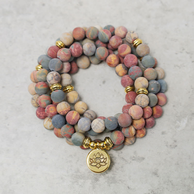 Buddha Stones 108 Mala Beads Picasso Jasper Stone Bransoletka Energetyczna Odwaga - image 0