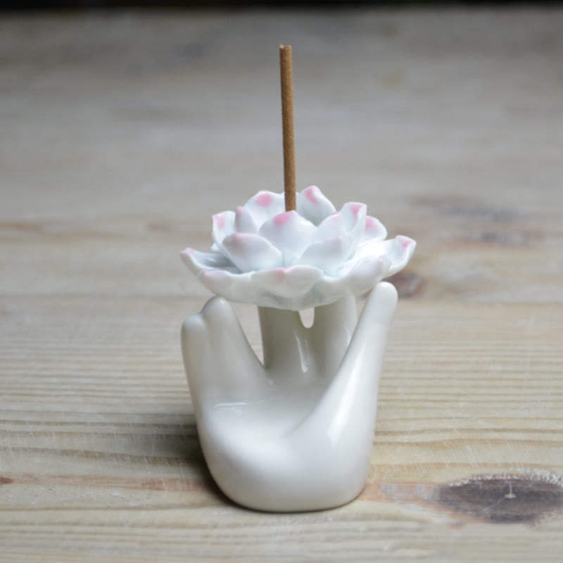 Buddha Stones Małe Ceramiczne Dłonie Lotosu Uzdrawiająca Medytacja Kadzielnica Dekoracja