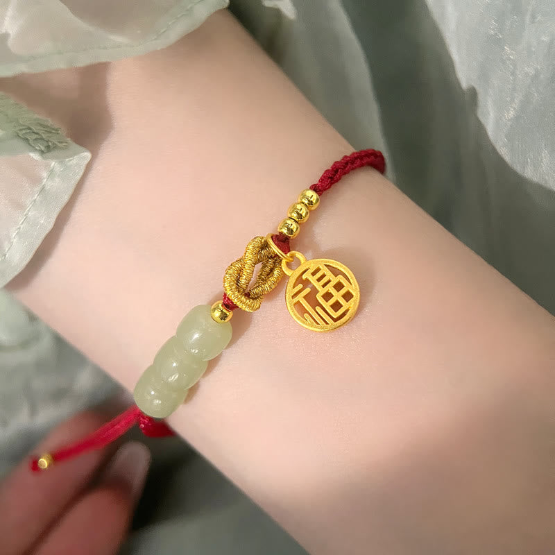 Buddha Stones ręcznie robione koraliki z jadeitu Fu Character Charm bransoletka z czerwoną liną