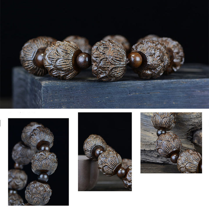 Buddha Stones Drewno Hebanowe Osiemnastu Arhatów Lotos Smok Grawerowana Bransoletka Równowagi