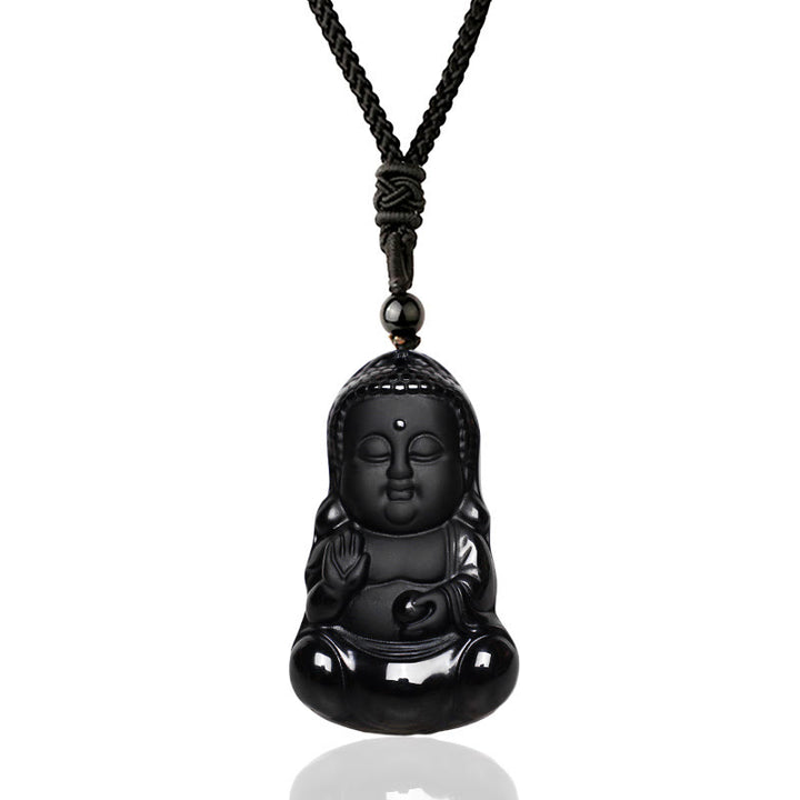 Buddha Stones Naturalny Czarny Kryształ Obsydianu Budda Siła Ochrona Amulet Szczęśliwy Talizman Wisiorek Naszyjnik - image 1