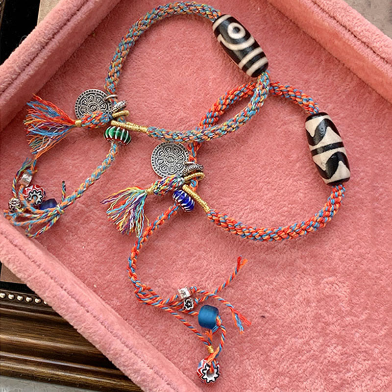 Bransoletka Om Mani Padme Hum z koralików Tybetańskich 925 Sterling Silver, ręcznie robiona Dzi Bead Protection Braid