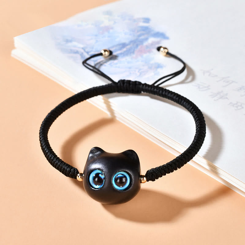 Buddha Stones Drewno Hebanowe Głowa Kota Wzór Pokoju King Kong Węzeł Bransoletka Pleciona - Czarna lina (obwód nadgarstka 14-18 cm) - image 14