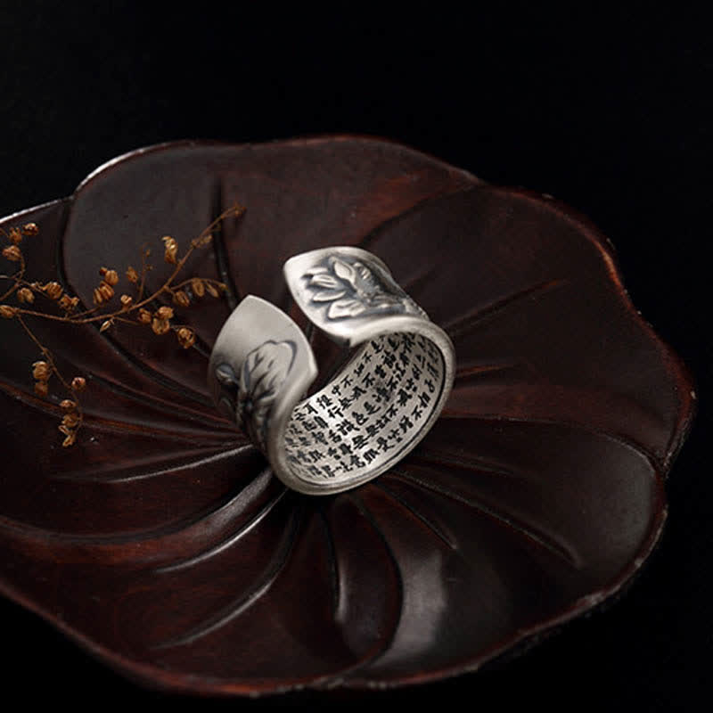 Buddha Stones 999 Srebro Sterlingowe Szczęście Koi Ryba Lotos Serce Sutra Pierścień Bogactwa