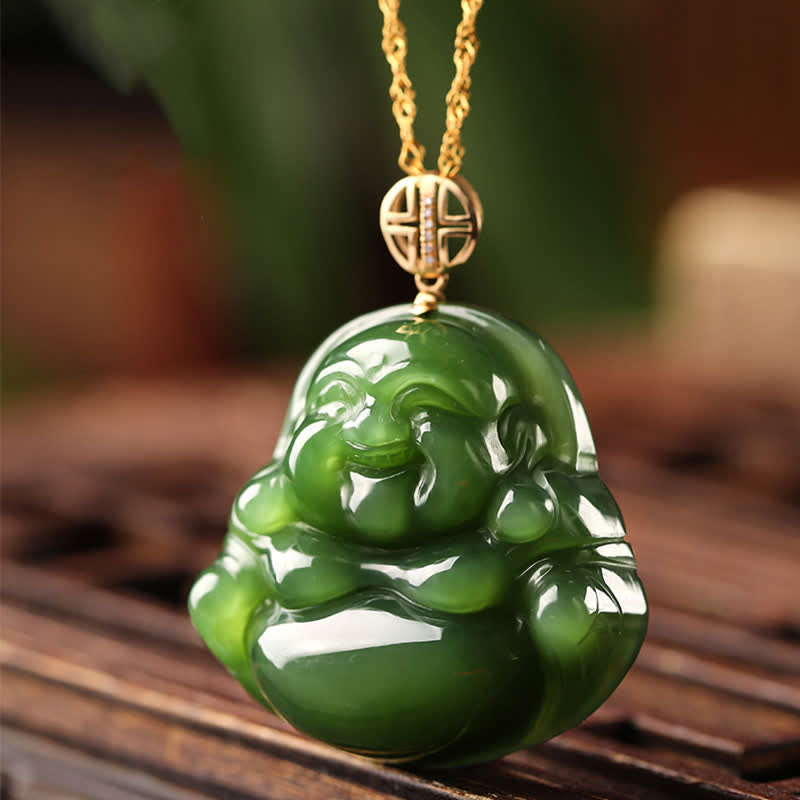 925 Srebro Sterlingowe Śmiejący się Budda Hetian Cyan Jade 18K Złoty Naszyjnik Sukcesu Łańcuszek Wisiorek - image 5