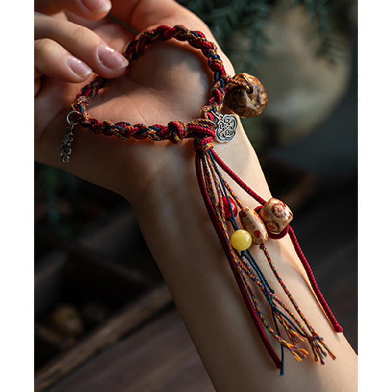 Buddha Stones Tybetańskie Ręcznie Robione Kolorowe Nici 925 Srebro Sterling Ochrona Ryb Koi Siła Bransoletka Sznurkowa