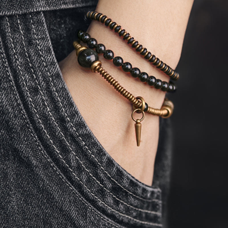 Bransoletka lecznicza z Buddha Stones, tęczowym obsydianem, drewnem hebanowym i miedzią, potrójnie owinięta