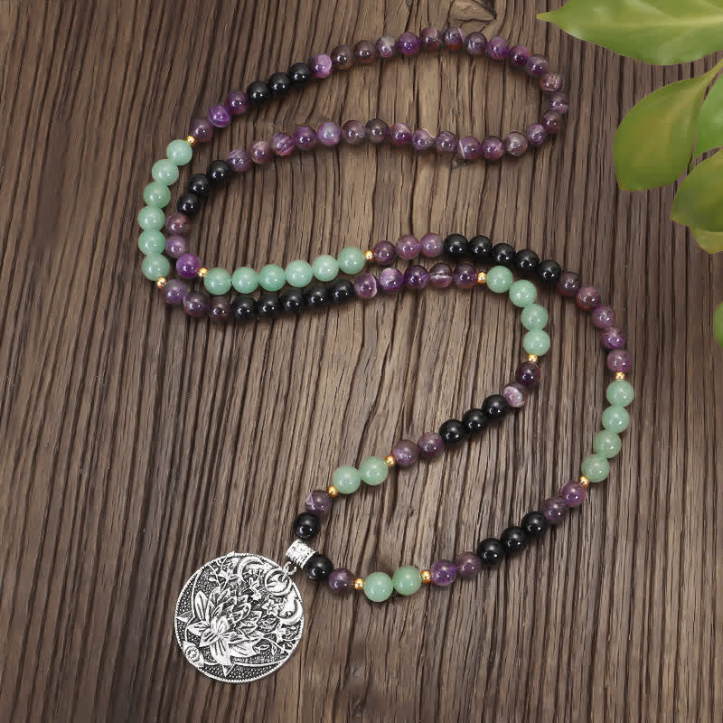 Buddha Stones 108 Mala Beads Ametyst Zielony Awenturyn Lotus Medytacyjna Bransoletka