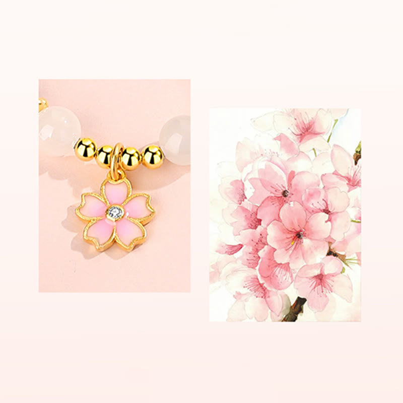 Bransoletka ochronna Buddha Stones 925 Sterling Silver Hetian White Jade Cherry Blossom