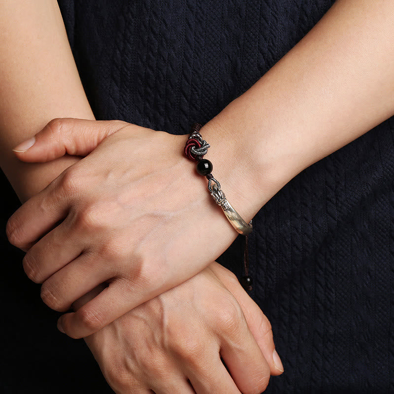 Buddha Stones 925 Srebro Sterlingowe Pomyślny Smok Sukces Ręcznie Robiona Bransoletka Pleciona