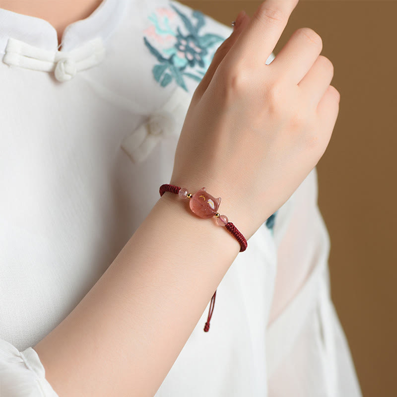 Buddha Stones Ręcznie robione Naturalne Srebrny Połysk Obsydian Truskawkowy Kwarc Uroczy Kot Ochrona Pleciona Bransoletka - image 12