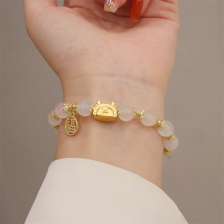 Buddha Stones Rok Smoka Czerwony Agat Kwarc Truskawkowy Czarny Obsydian Jadeit Granat Perła Cynober Pierożek Smok Szczęście Fu Bransoletka - image 8