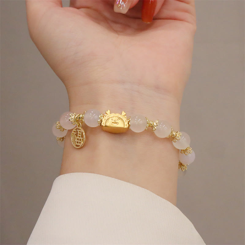 Buddha Stones Rok Smoka Czerwony Agat Kwarc Truskawkowy Czarny Obsydian Jadeit Granat Perła Cynober Pierożek Smok Szczęście Fu Bransoletka - image 8