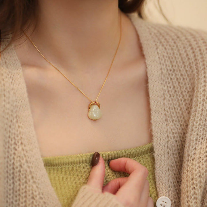 Buddha Stones 925 Srebro Sterling Naturalny Hetian Jade Śmiejący się Budda Obfitość Naszyjnik Łańcuch Wisiorek