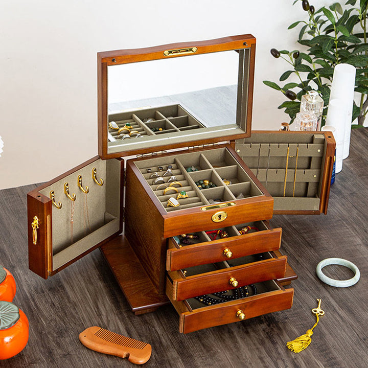 Buddha Stones Vintage Duża Pojemność Drewniane Pudełko na Biżuterię Pudełko Do Przechowywania Biżuterii Z Lustrem