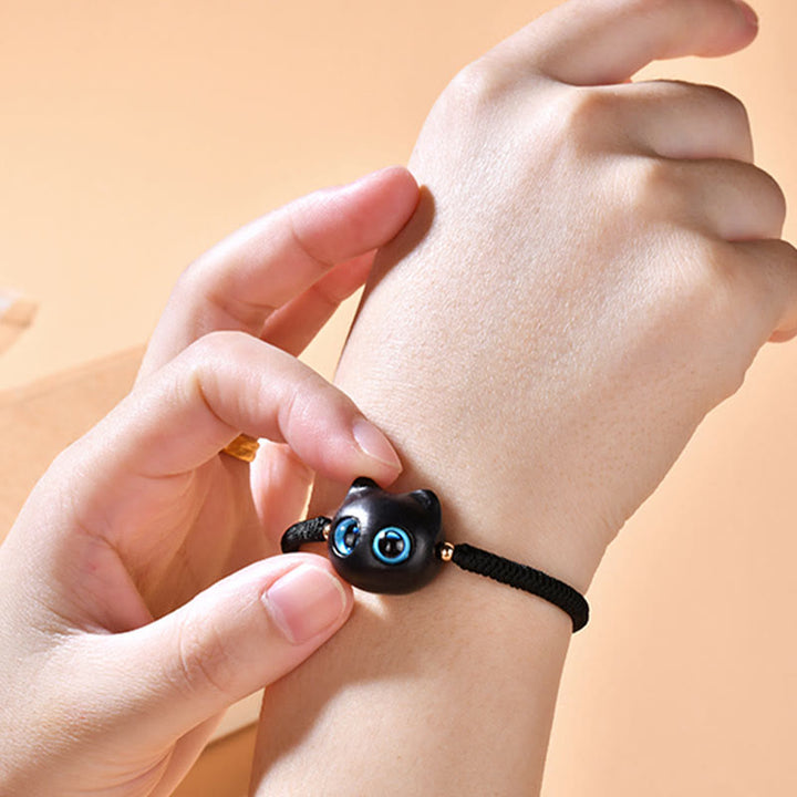Buddha Stones Drewno Hebanowe Głowa Kota Wzór Pokoju King Kong Węzeł Bransoletka Pleciona - image 19
