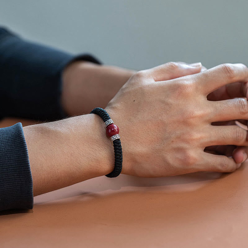 Buddha Stones 925 Srebro Sterling Naturalny Koralik Cynobru Spokojna Ręcznie Robiona Bransoletka Z Plecionego Sznurka