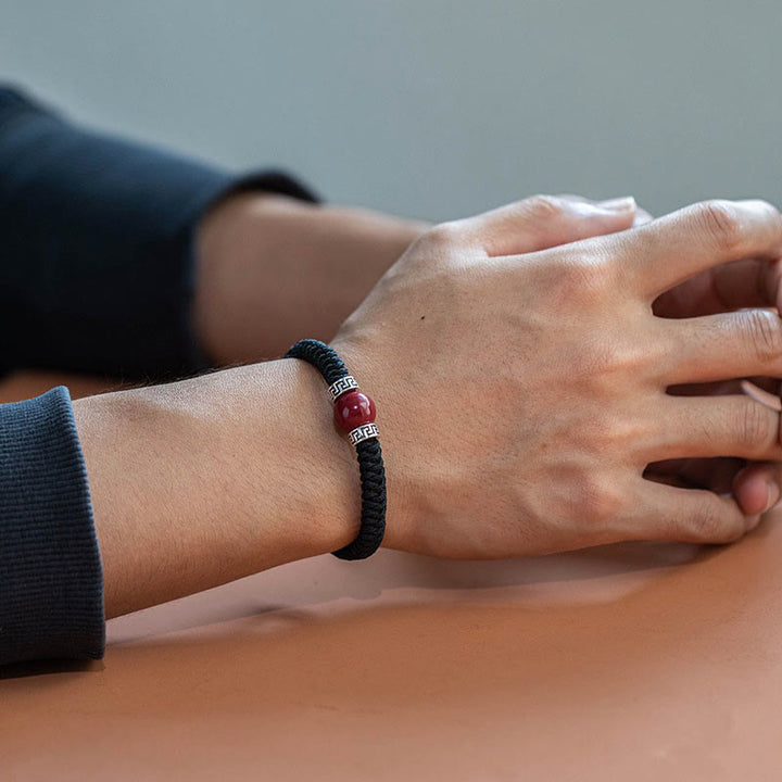 Buddha Stones 925 Srebro Sterling Naturalny Koralik Cynobru Spokojna Ręcznie Robiona Bransoletka Z Plecionego Sznurka