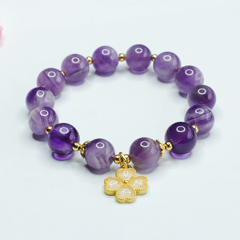 Bransoletka z Buddha Stones z naturalnego ametystu i wewnętrznego spokoju w kształcie czterolistnej koniczyny