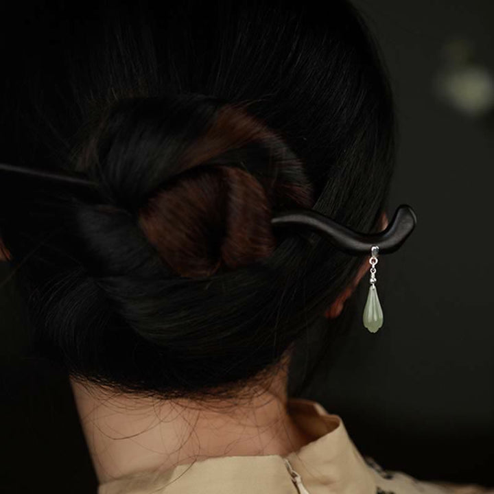 Buddha Stones 925 Srebro Sterling Naturalny Hetian Jade Drewno Hebanowe Talizman Szczęścia Spinka Do Włosów