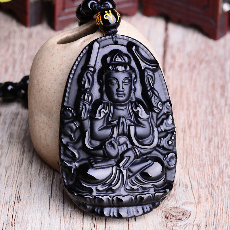 Buddha Stones Chiński Zodiak Obsydian Budda Amulet Ochrona Wisiorek Naszyjnik - image 1