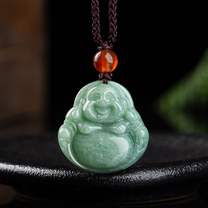 Buddha Stones Śmiejący się Budda Cyjan Jade Naszyjnik Sukcesu Wisiorek Sznurkowy - Cyjanowy Jadeit - image 1