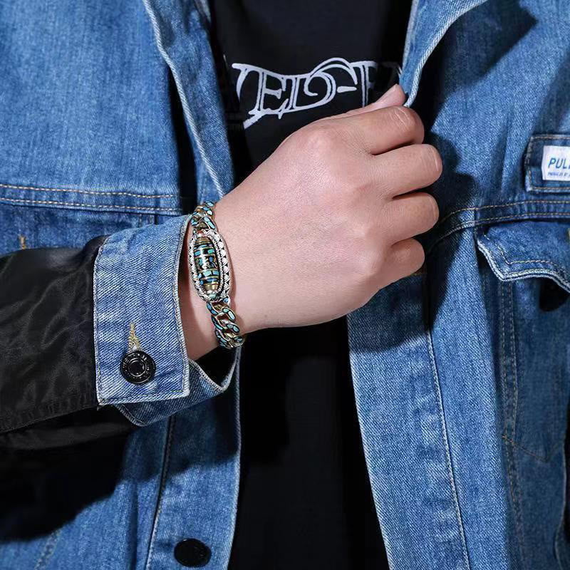 Buddha Stones Tybetańskie Dziewięciooczne Koraliki Dzi Om Mani Padme Hum Turkusowa Ochrona Obrotowa Bransoletka - image 5