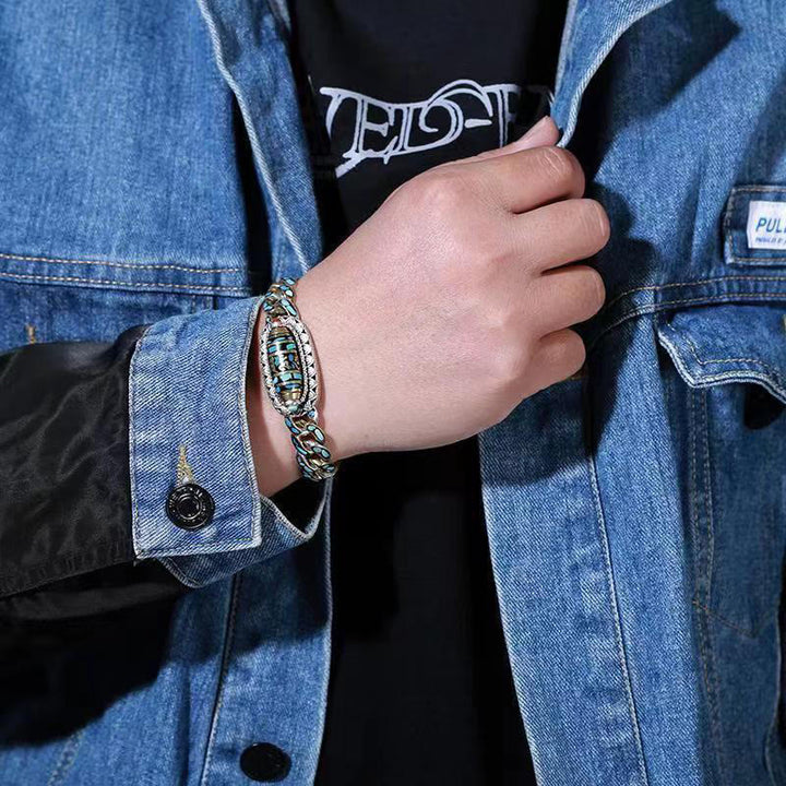 Buddha Stones Tybetańskie Dziewięciooczne Koraliki Dzi Om Mani Padme Hum Turkusowa Ochrona Obrotowa Bransoletka - image 5