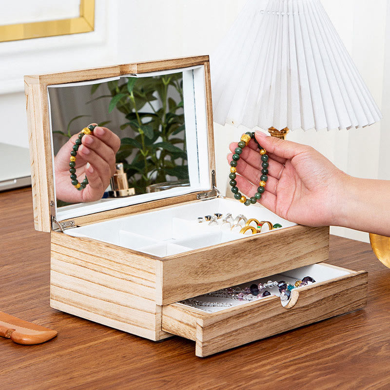 Buddha Stones Retro Beżowe Drewniane Pudełko Na Biżuterię Dwuwarstwowe Pudełko Do Przechowywania Biżuterii Z Lustrem - image 1