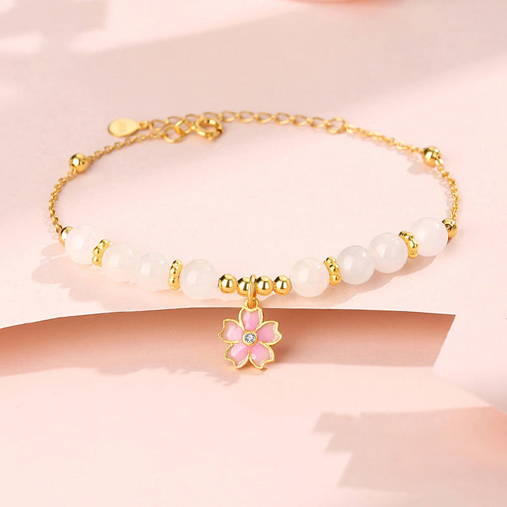 Bransoletka ochronna Buddha Stones 925 Sterling Silver Hetian White Jade Cherry Blossom