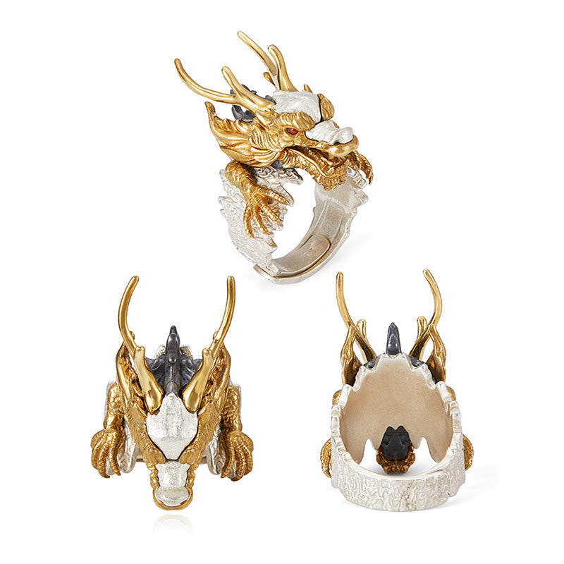 Buddha Stones 925 Srebro Sterling Smok Szczęście Sukces Ochrona Regulowany Pierścień Wisiorek