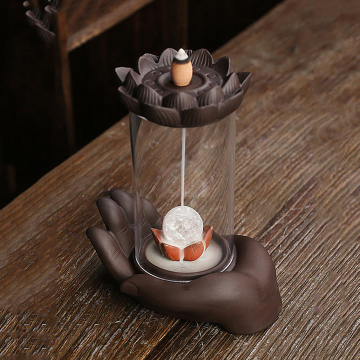 Buddha Stones Ręka Buddy Lotos Oświecenie Światło LED Fioletowa Glina Ceramiczna Kadzielnica Dekoracja