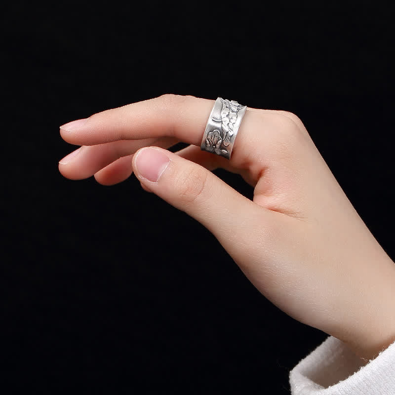 Buddha Stones 999 Srebro Sterlingowe Szczęście Koi Ryba Lotos Serce Sutra Pierścień Bogactwa