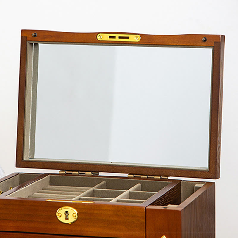 Buddha Stones Vintage Duża Pojemność Drewniane Pudełko na Biżuterię Pudełko Do Przechowywania Biżuterii Z Lustrem