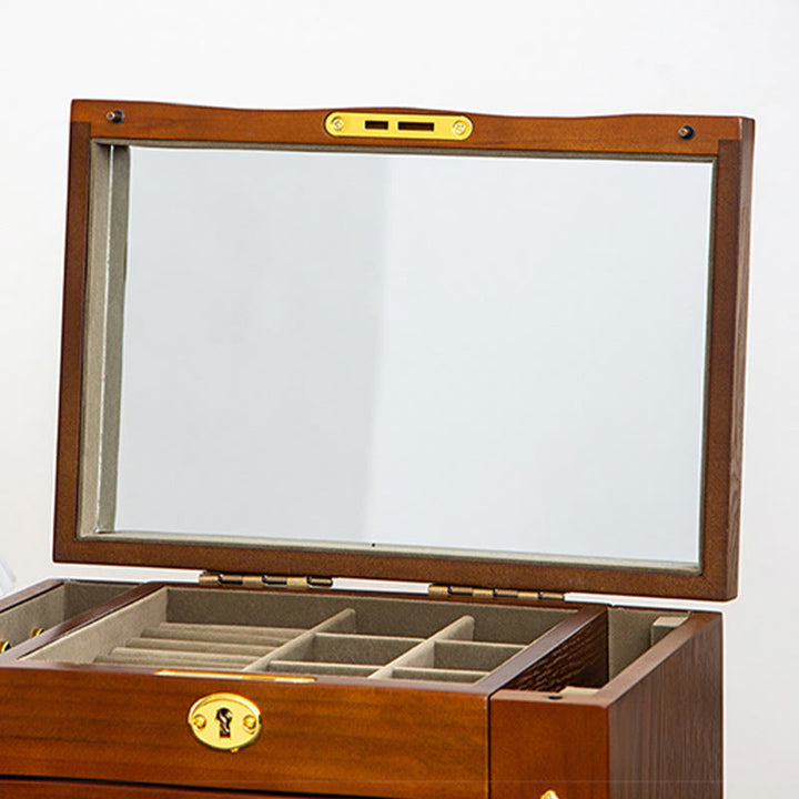 Buddha Stones Vintage Duża Pojemność Drewniane Pudełko na Biżuterię Pudełko Do Przechowywania Biżuterii Z Lustrem