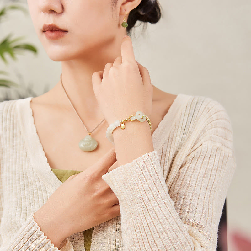 Buddha Stones Naturalne Koraliki Jadeitu Hetian Podwójna Klamra Pokoju Fu Charakter Obfitości Bransoletka Pleciona