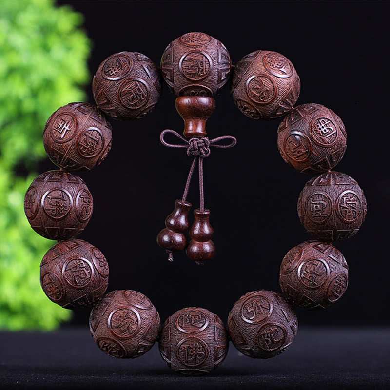 Buddha Stones Chiński Zodiak Palisander Ebony Miedź Moneta PiXiu Rzeźbiona Bransoletka Ciepło