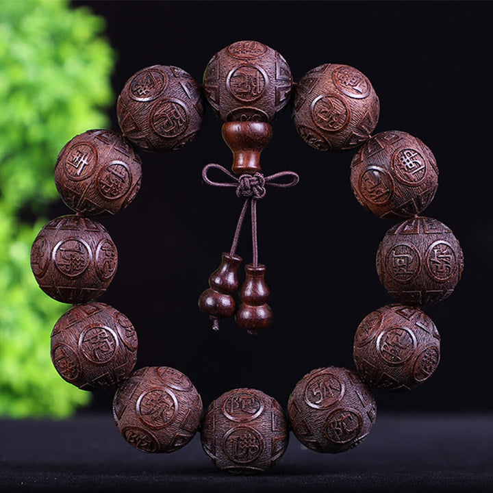 Buddha Stones Chiński Zodiak Palisander Ebony Miedź Moneta PiXiu Rzeźbiona Bransoletka Ciepło