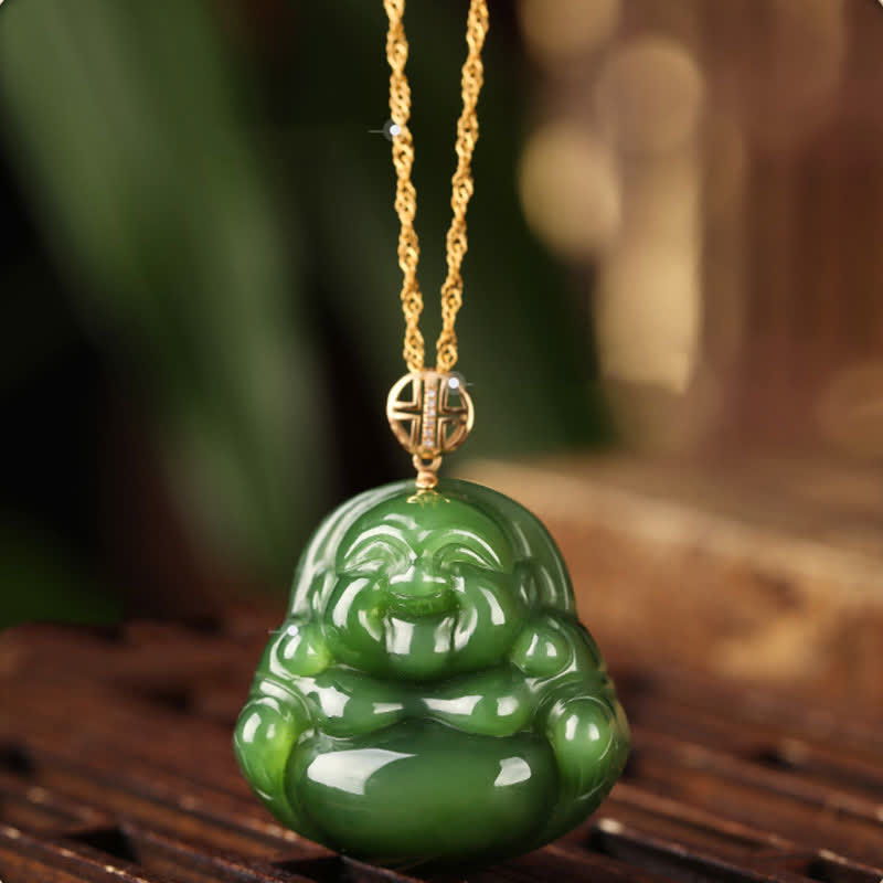 925 Srebro Sterlingowe Śmiejący się Budda Hetian Cyan Jade 18K Złoty Naszyjnik Sukcesu Łańcuszek Wisiorek - Hetian Cyan Jade (Sukces ♥ Uzdrawianie) - image 1
