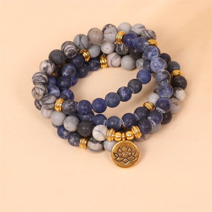 Buddha Stones 108 Mala Beads Sodalit Zebra Jasper Kryształ Lotus Strength Bransoletka