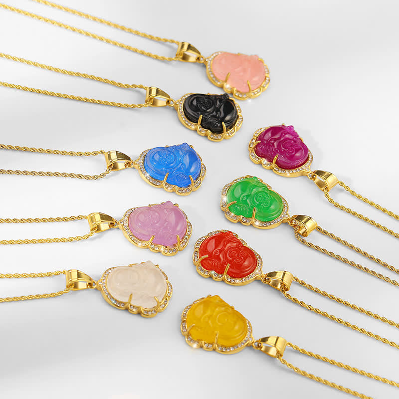 Buddha Stones 18K wypełnione złotem Śmiejący się Budda Jadeitowy naszyjnik szczęścia łańcuszek wisiorek - image 16