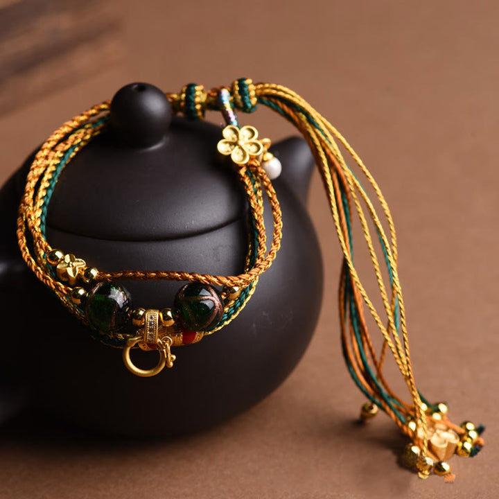 Buddha Stones Tybetańskie Ręcznie Robione Liny Liuli Szklane Koraliki Pleciona Wielowarstwowa Bransoletka Uzdrawiająca