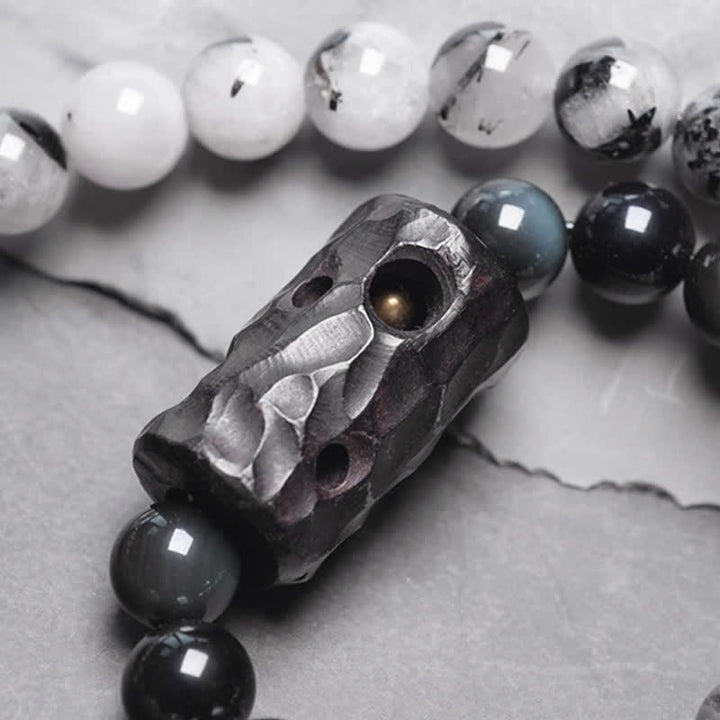 Bransoletka dla pary z czarnego kwarcu rutylowego, drewna hebanowego i białego kryształu