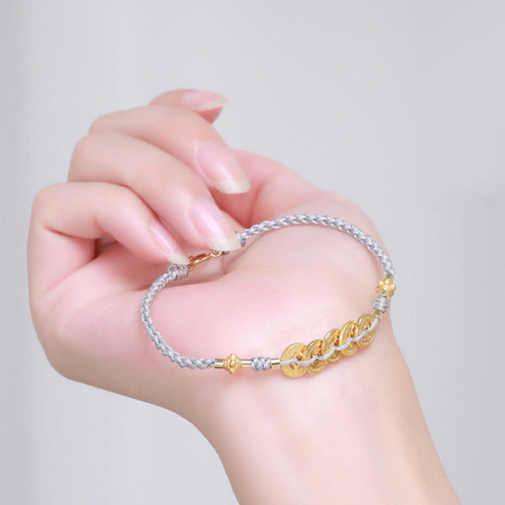 Buddha Stones Miedziana Moneta Drzewko Fortuny Perła Szczęścia Bransoletka Pleciona Niebieska Lina