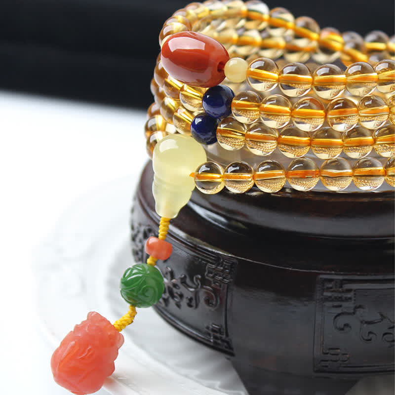 108 Mala Beads Naturalny Cytryn Bursztyn Peace Buckle Czerwony Agat PiXiu Ochrona Bransoletka Charm