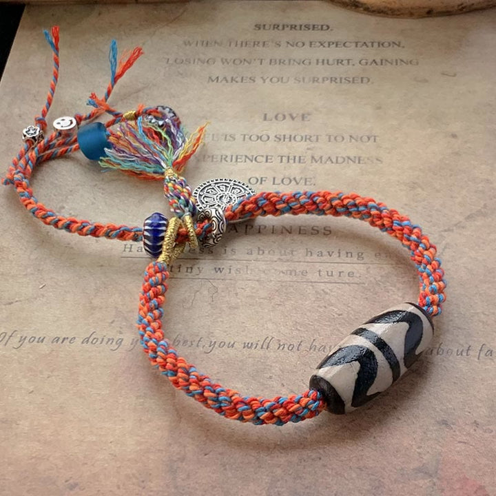 Bransoletka Om Mani Padme Hum z koralików Tybetańskich 925 Sterling Silver, ręcznie robiona Dzi Bead Protection Braid