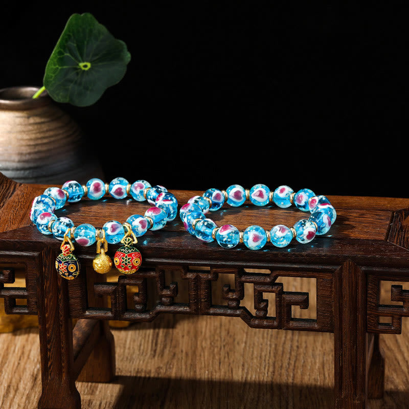 Buddha Stones Złote Połykające Bestie Rodzina Różowe Serce Miłości Świecące Fluorescencyjne Bransoletka z Koralików Szklanych Liuli