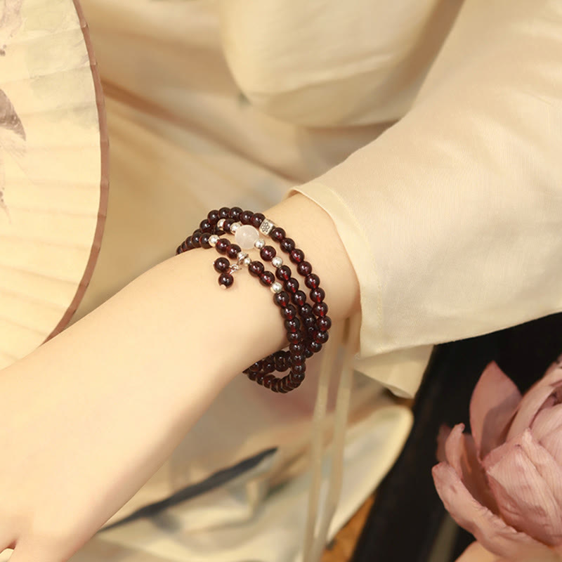 Bransoletka Buddha Stones 925 Sterling Silver Natural Garnet Cat Eye Protection Triple Wrap - image 7