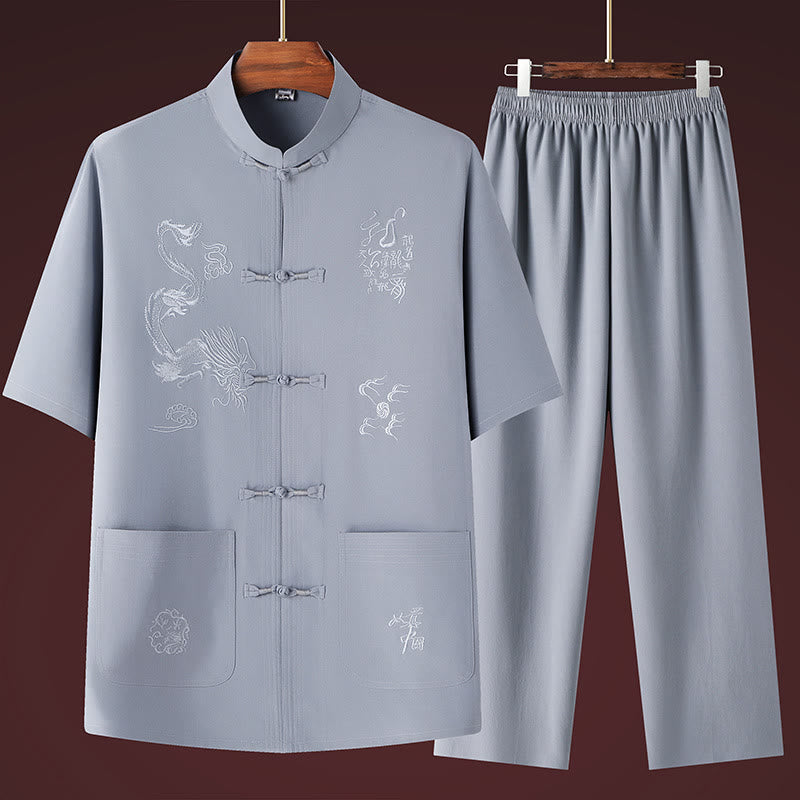 Buddha Stones Tang Suit Hanfu Chiński Smok Tradycyjny Kung Fu Jednolity Krótki Rękaw Topy i Spodnie Odzież Męska Zestaw - Jasnoszary - US/UK/AU44, EU54 (4XL) - image 4